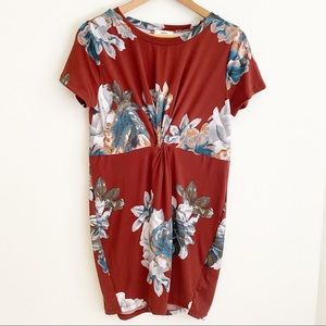 Entro Jewel Tone Floral Twist Spandex Mini Dress Rust Red L